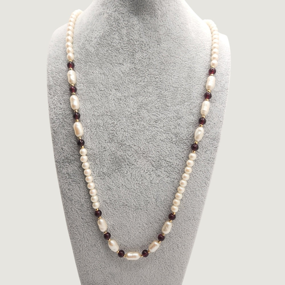 Vintage Trifari Pearl Red Beads Necklace Old Money 1950s Classic Gold Tone 30"
